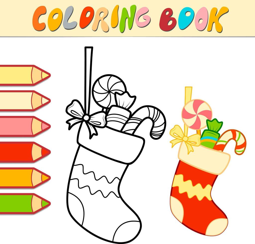 libro para colorear o página para colorear para niños. calcetín de navidad vector blanco y negro