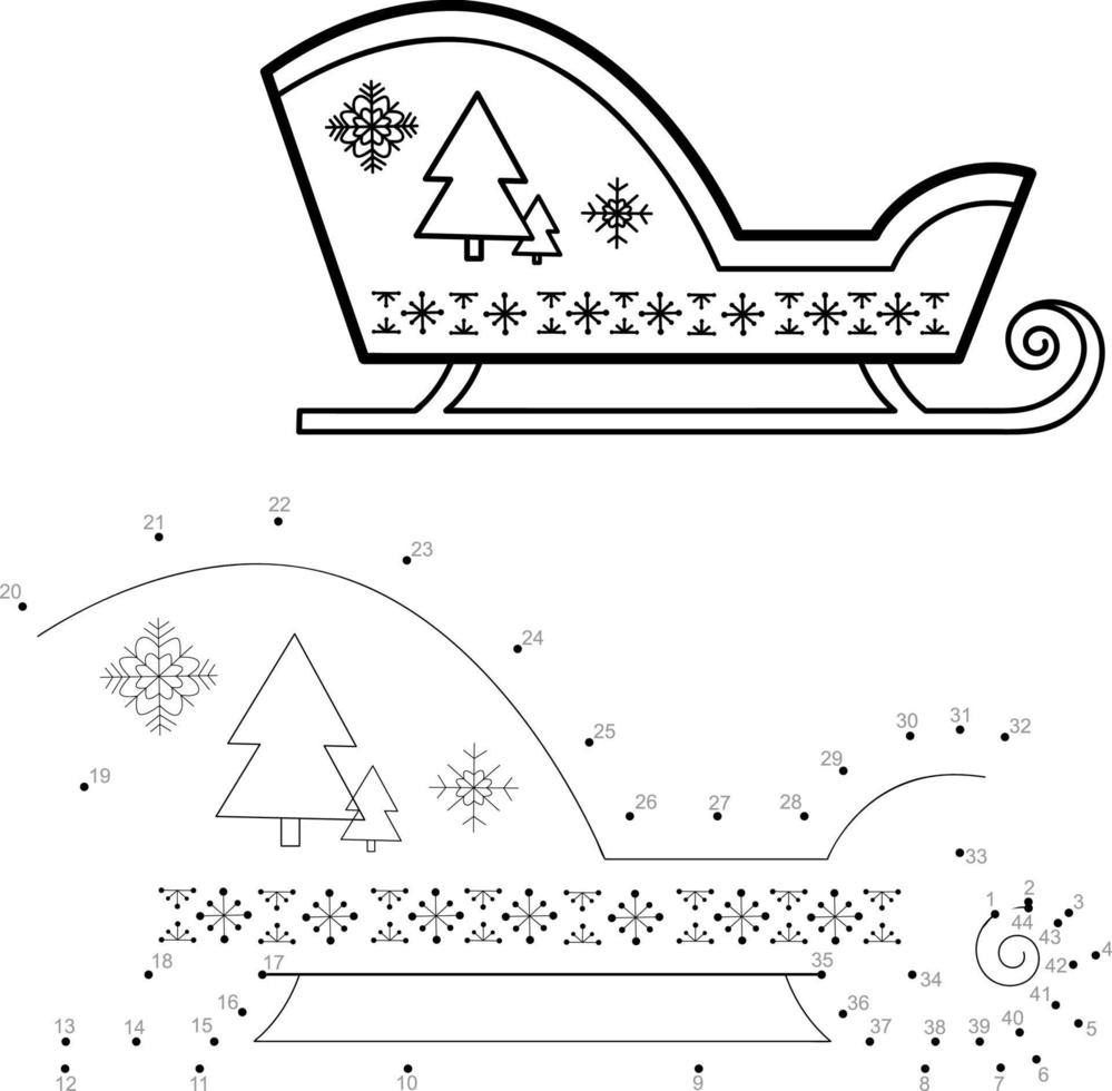 Dot to dot Christmas puzzle for children. Connect dots game. Christmas sled vector
