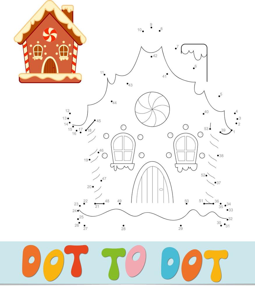 Rompecabezas de Navidad punto a punto. juego de conectar puntos. ilustración de vector de casa de pan de jengibre