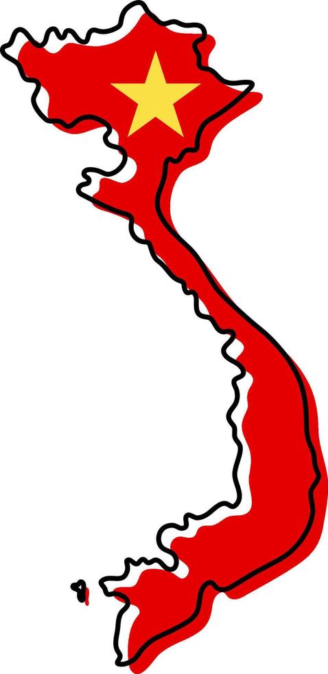 Stylized outline map of Vietnam with national flag icon. Flag color map of Vietnam vector illustration.