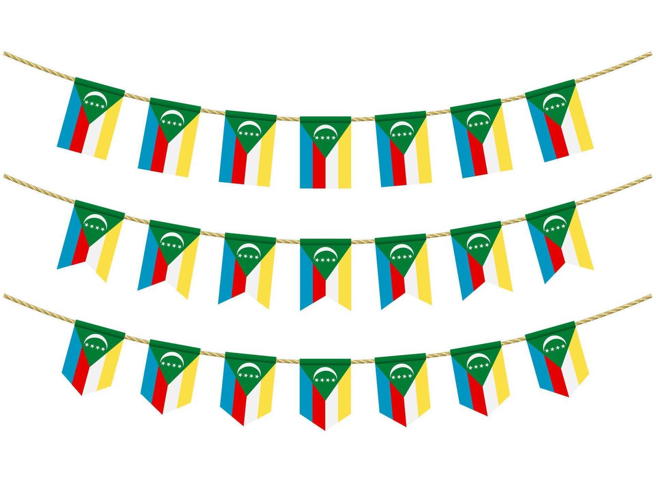 Comoros flag on the ropes on white background. Set of Patriotic bunting flags. Bunting decoration of Comoros flag vector