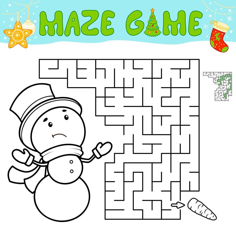 juego de rompecabezas de laberinto navideño para niños. esquema de laberinto o juego de laberinto con muñeco de nieve de navidad. vector