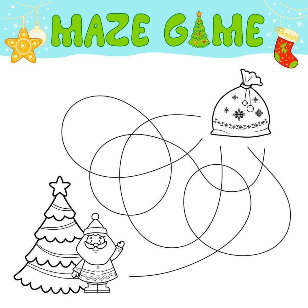 juego de rompecabezas de laberinto navideño para niños. esbozar laberinto o laberinto. encuentra el juego de ruta con bolsa de navidad. vector