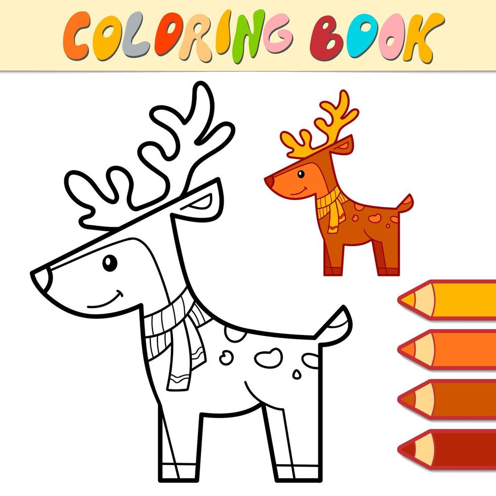 Coloring book or page for kids. Christmas deer black and white vector