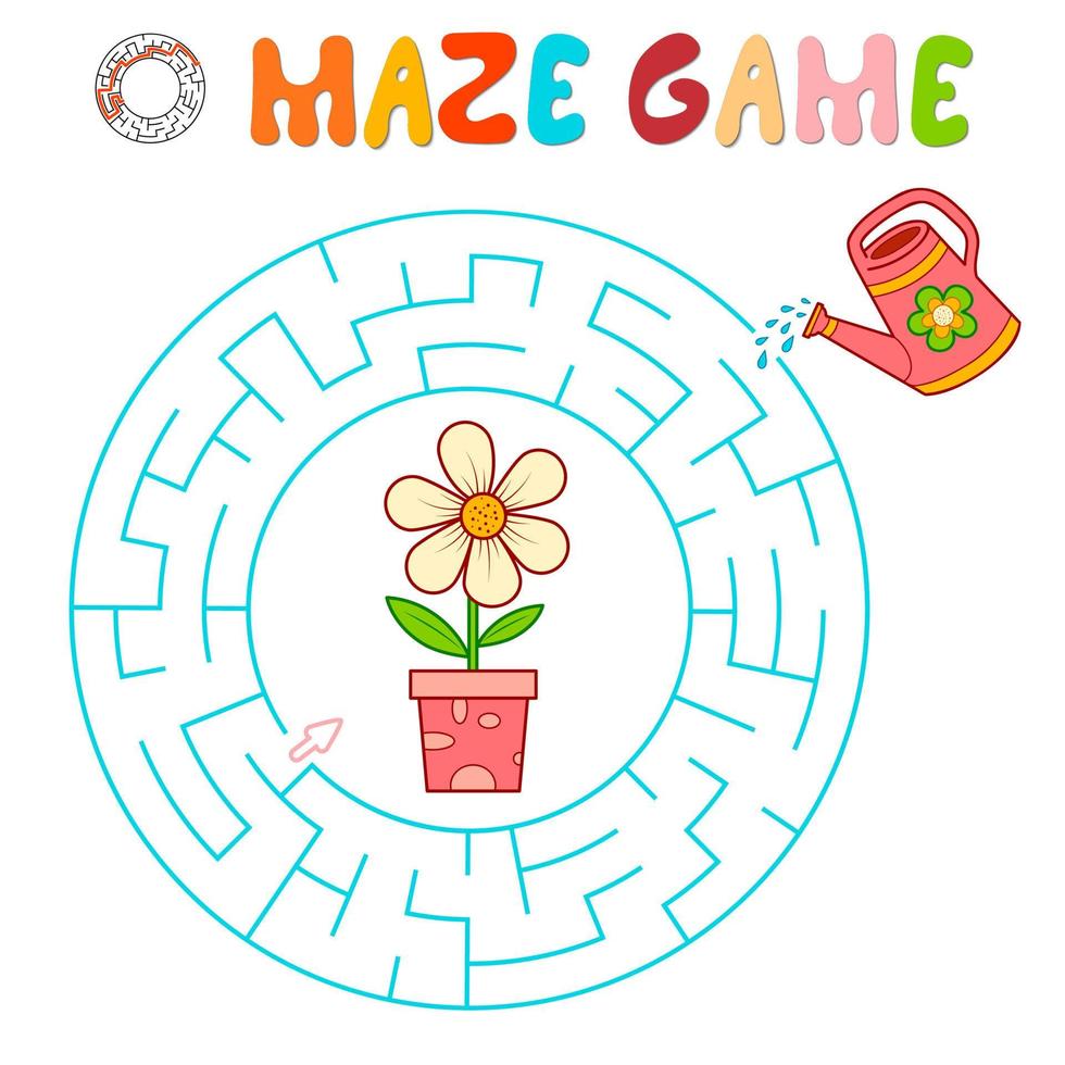 Maze puzzle game for children. Circle maze or labyrinth game with flower. vector