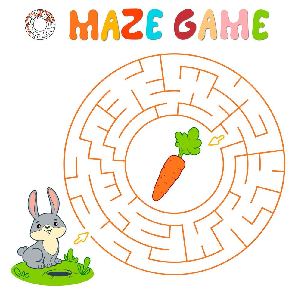 Maze puzzle game for children. Circle maze or labyrinth game with rabbit. vector