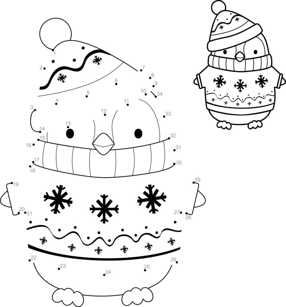 Dot to dot Christmas puzzle for children. Connect dots game. Christmas penguin vector illustration