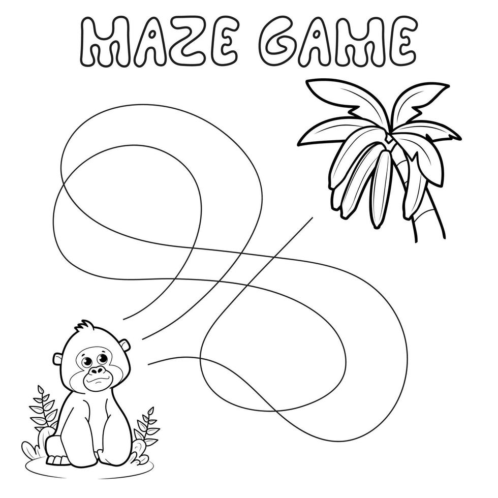 Maze puzzle game for children. Outline maze or labyrinth. Find path game with gorilla. vector