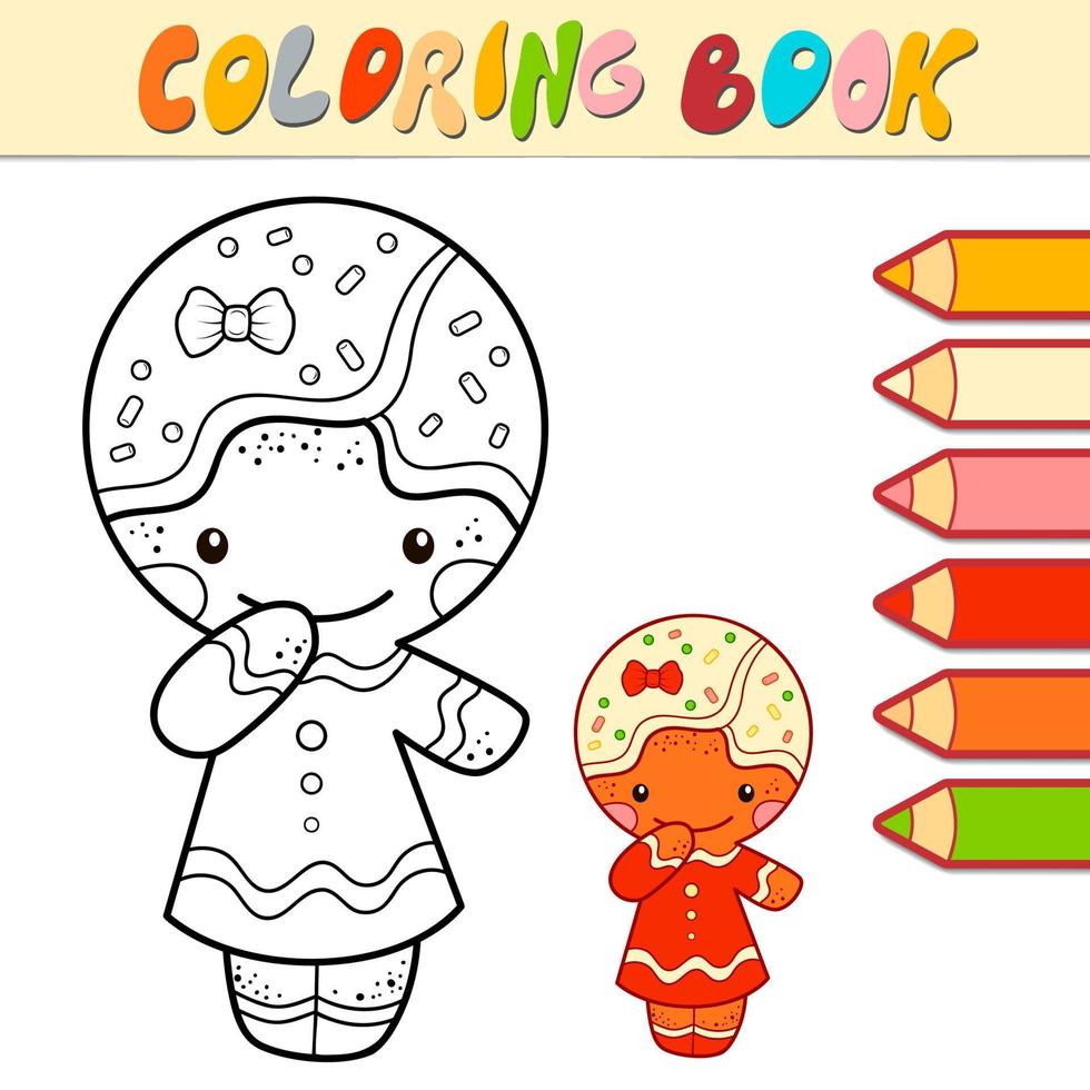 Coloring book or page for kids. Christmas Gingerbread man black and white vector