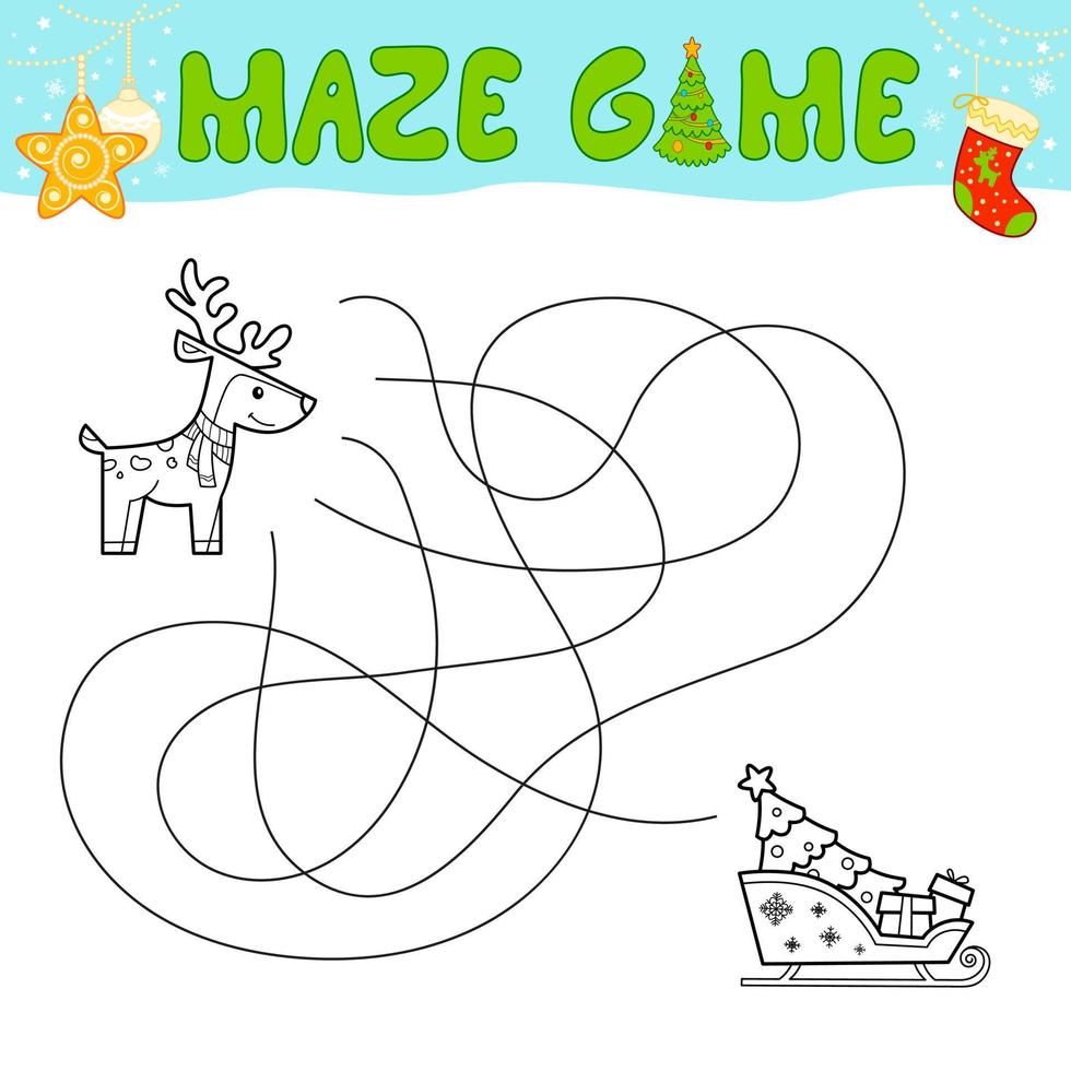 Christmas Maze puzzle game for children. Outline maze or labyrinth. Find path game with christmas sleigh and reindeer. vector