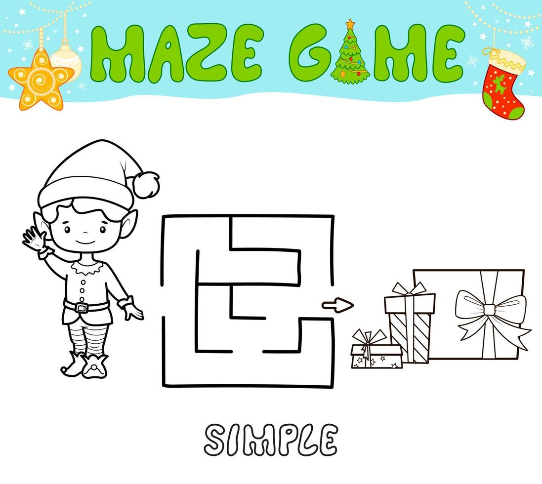 Christmas Maze puzzle game for children. Simple outline maze or labyrinth game with christmas boy elf. vector