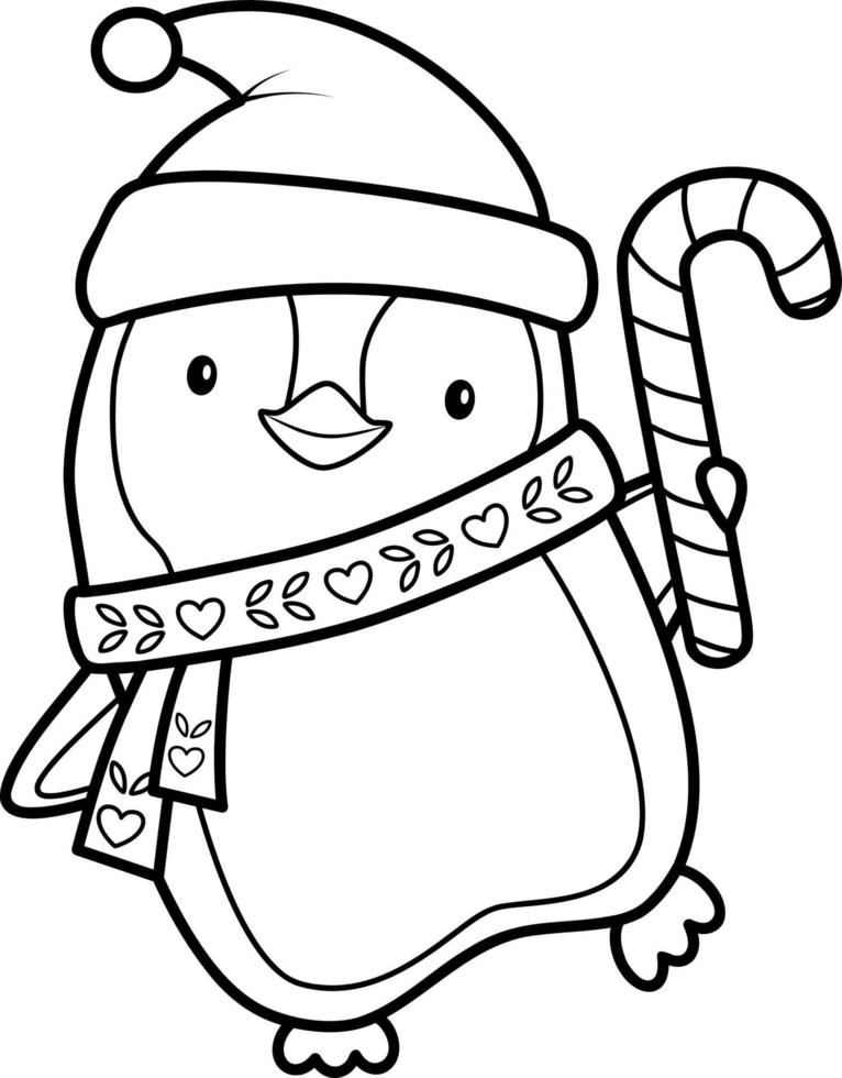 Christmas coloring book or page for kids. Christmas penguin black and white vector illustration