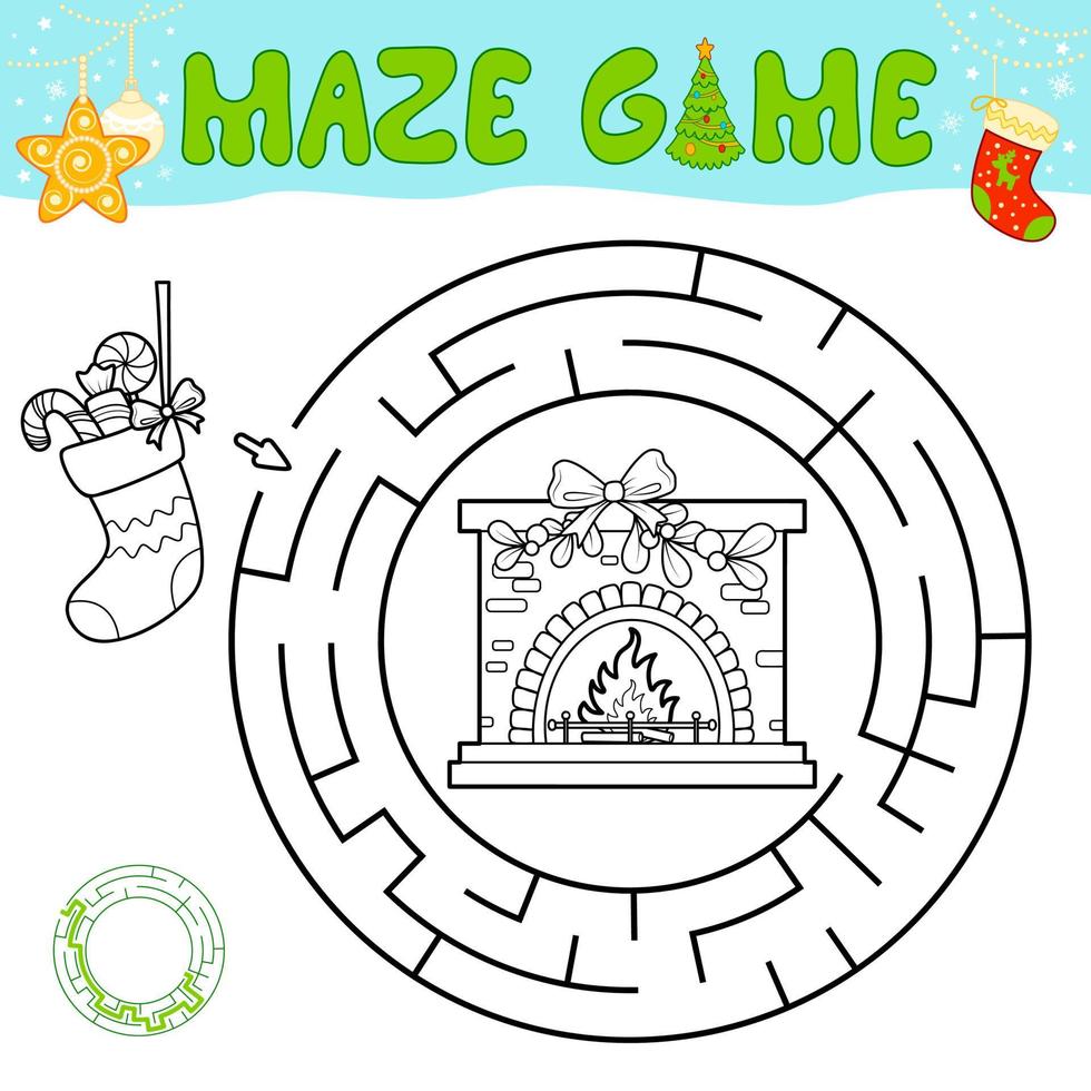 Christmas black and white maze puzzle game for children. Outline circle maze or labyrinth game with Christmas Sock and fireplace. vector