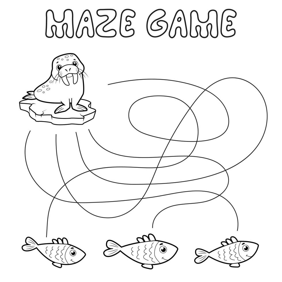 Maze puzzle game for children. Outline maze or labyrinth. Find path game with walrus. vector