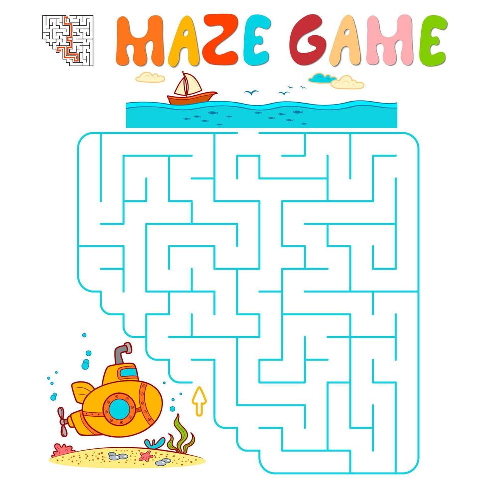 Maze puzzle game for children. Maze or labyrinth game with submarine. vector