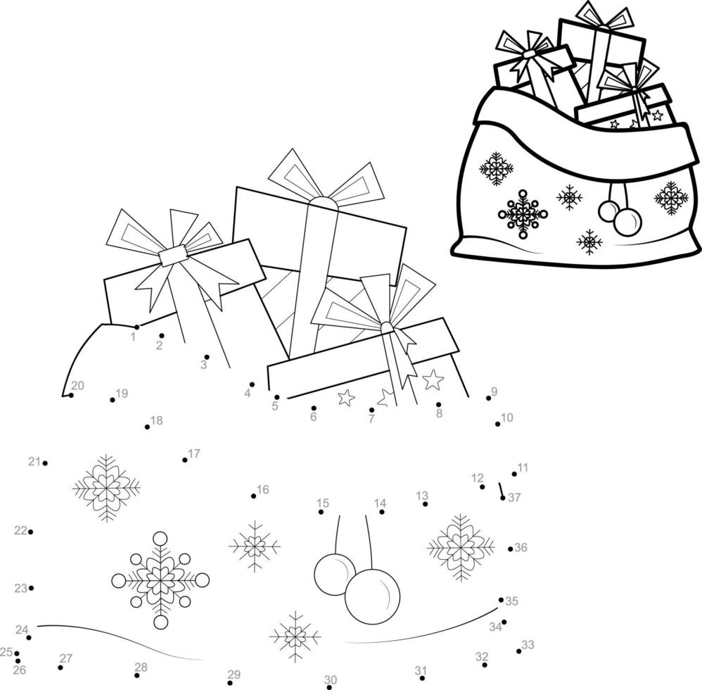 Dot to dot Christmas puzzle for children. Connect dots game. Christmas bag with gifts vector