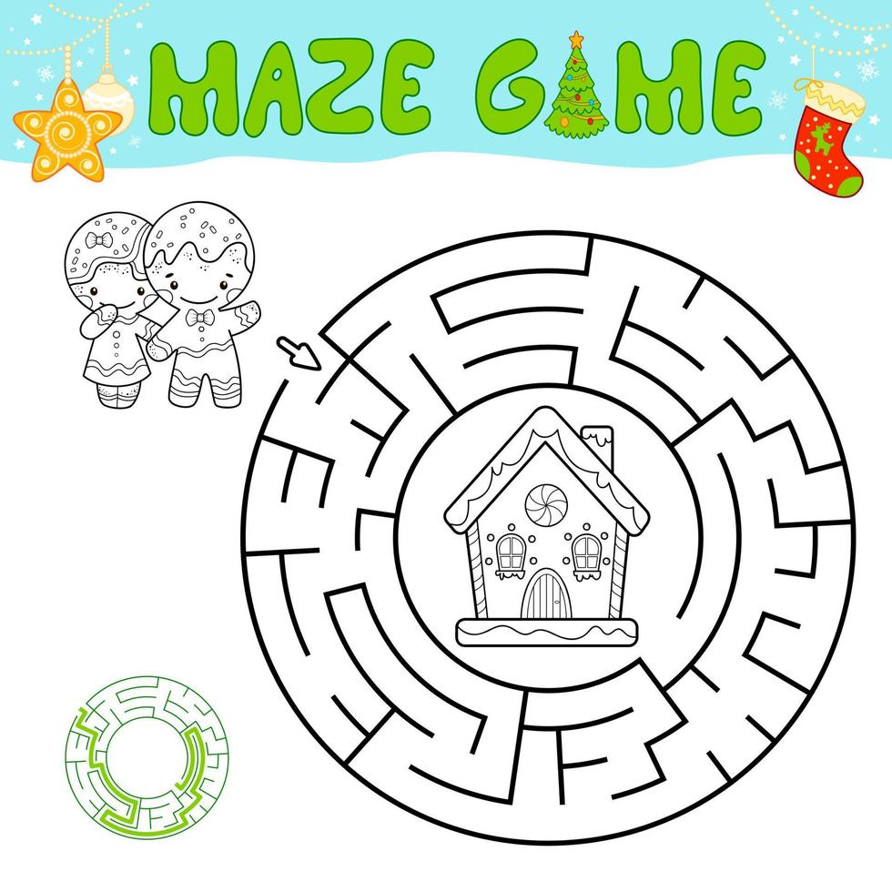 Christmas black and white maze puzzle game for children. Outline circle maze or labyrinth game with Christmas Gingerbread man and Gingerbread house. vector