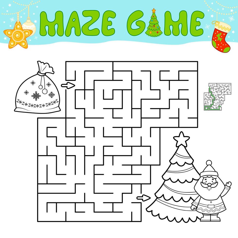 juego de rompecabezas de laberinto navideño para niños. esquema de laberinto o juego de laberinto con bolsa de navidad. vector