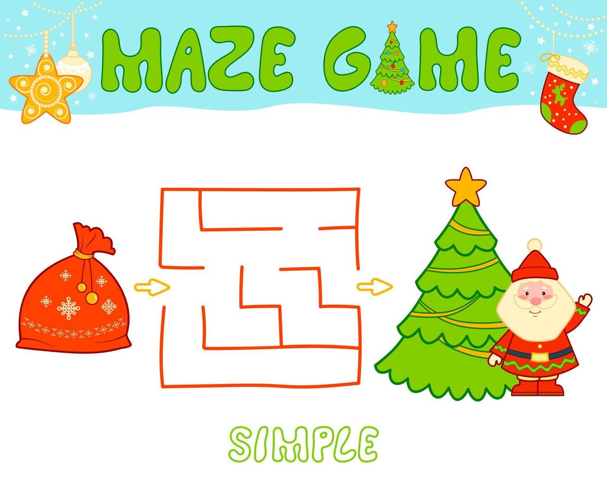 Christmas Maze puzzle game for children. Simple Maze or labyrinth game with Christmas bag vector