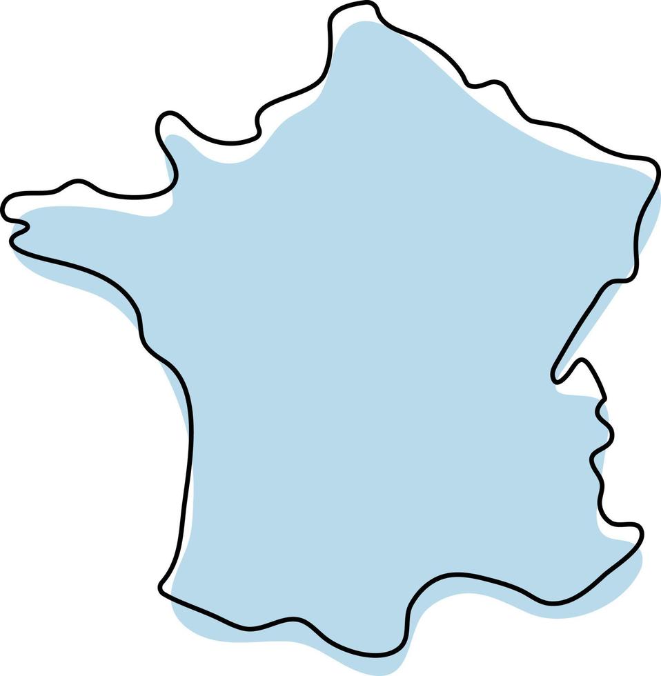 Stylized simple outline map of France icon. Blue sketch map of France vector illustration