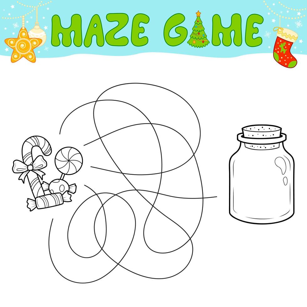 Christmas Maze puzzle game for children. Outline maze or labyrinth. Find path game with christmas Candy. vector