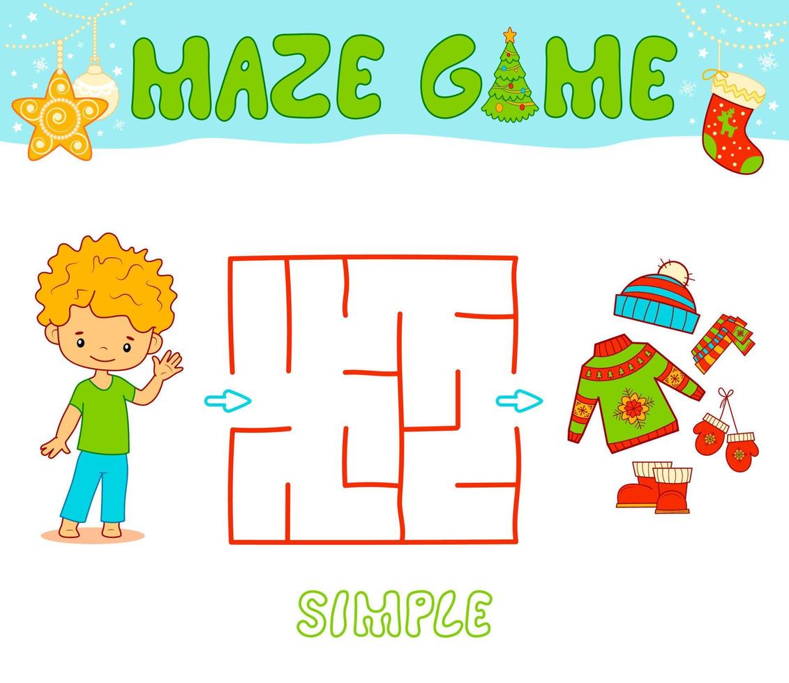 Christmas Maze puzzle game for children. Simple Maze or labyrinth game with Christmas boy. vector