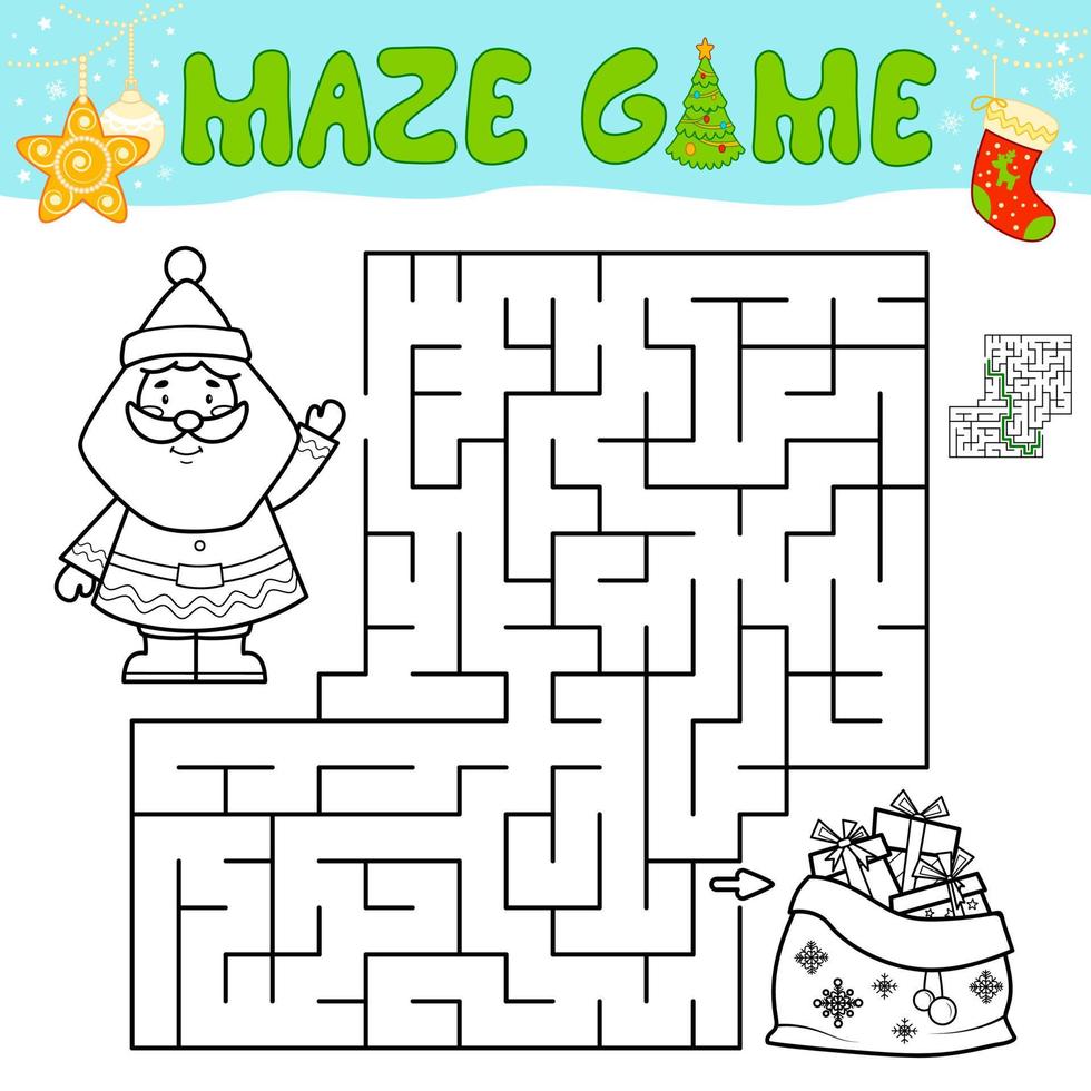 Christmas Maze puzzle game for children. Outline maze or labyrinth game with Santa claus. vector