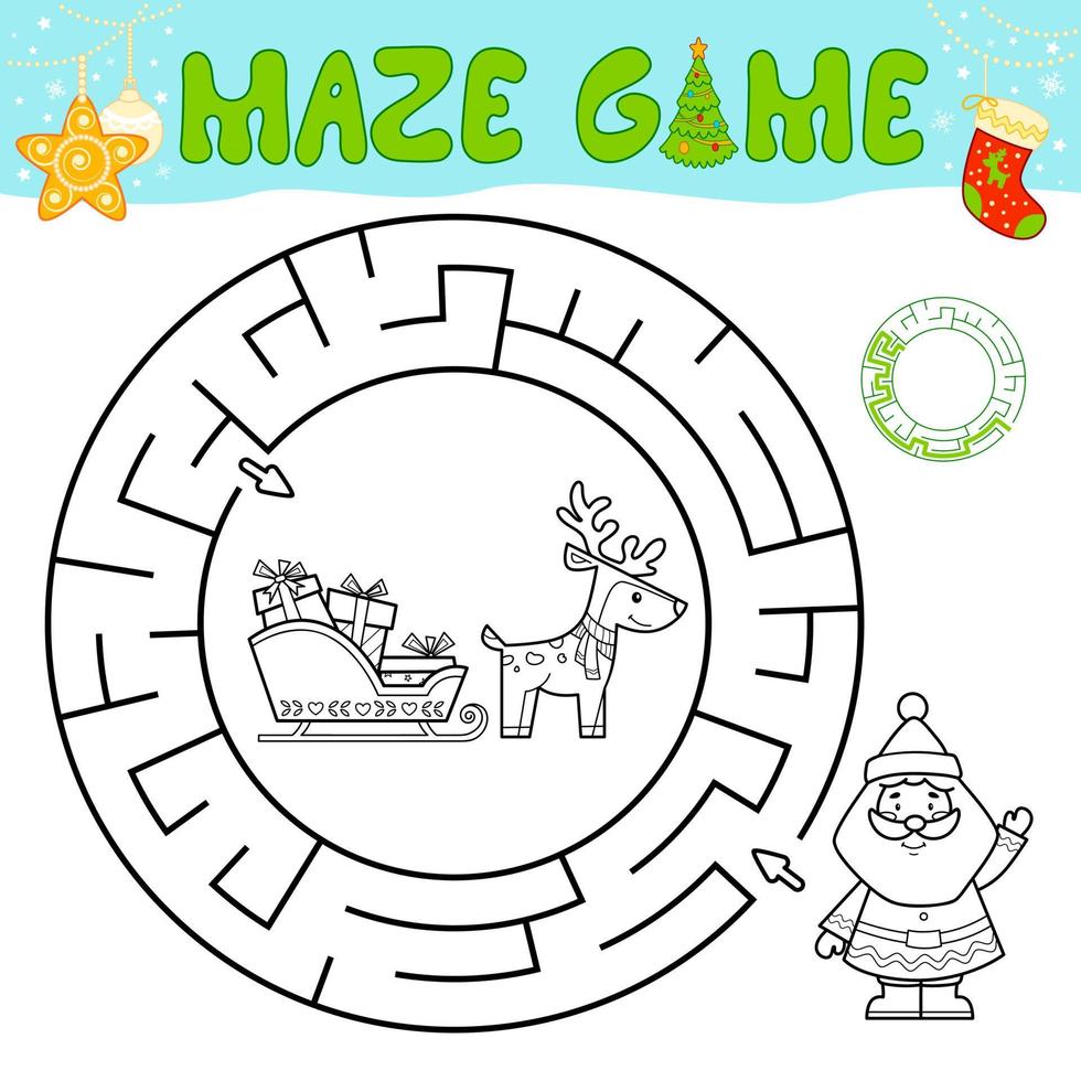 Christmas black and white maze puzzle game for children. Outline circle maze or labyrinth game with Santa claus. vector