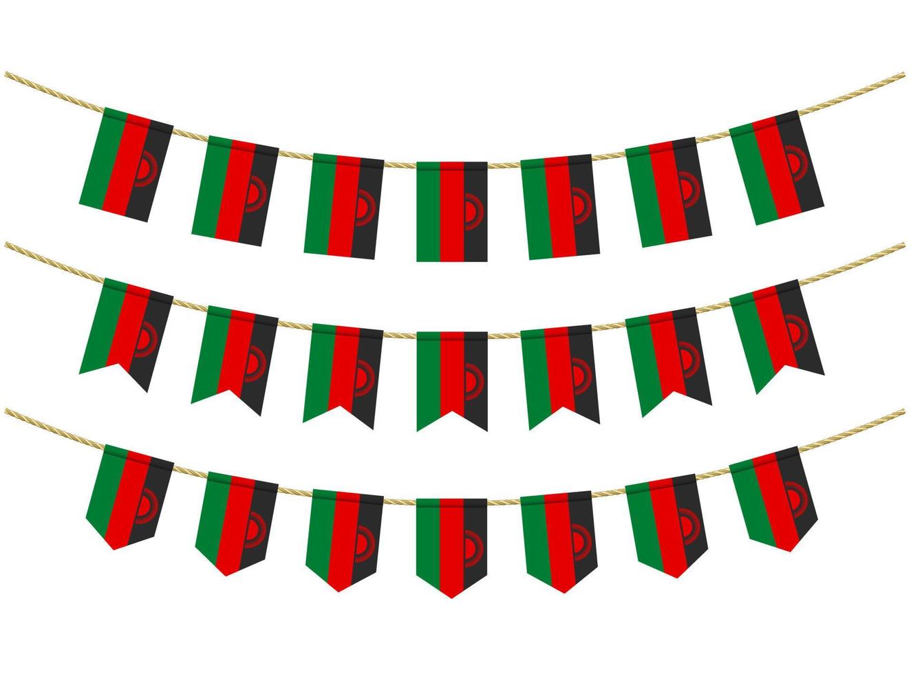 bandera de malawi en las cuerdas sobre fondo blanco. conjunto de banderas patrióticas del empavesado. decoración del empavesado de la bandera de malawi vector