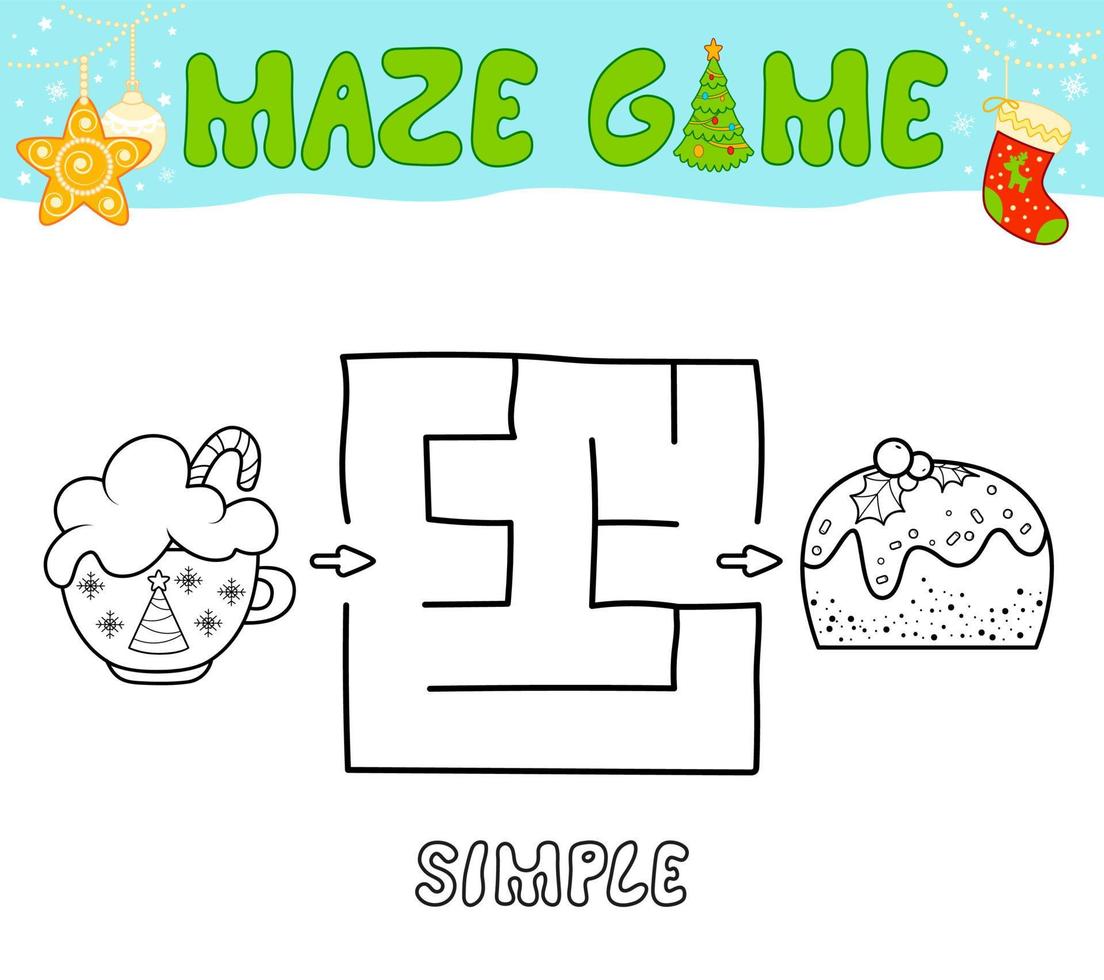Christmas Maze puzzle game for children. Simple outline maze or labyrinth game with christmas cake. vector