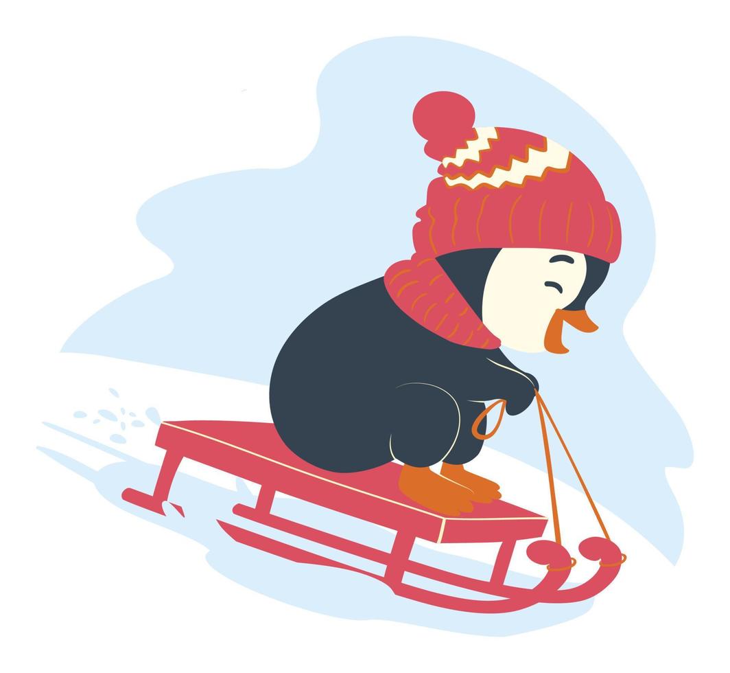 divertido trineo de pingüinos. paseo de pingüinos de navidad en una ilustración de trineo vector