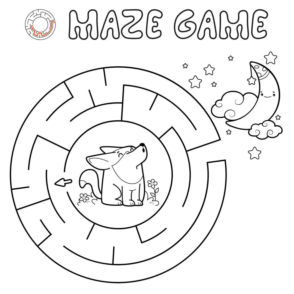 Maze puzzle game for children. Outline circle maze or labyrinth game with wolf. vector