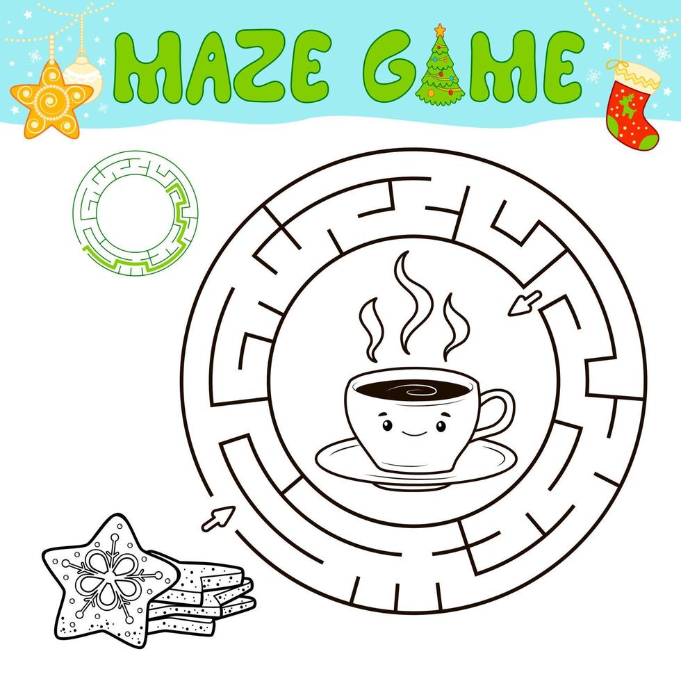 Christmas black and white maze puzzle game for children. Outline circle maze or labyrinth game with Christmas cookie. vector