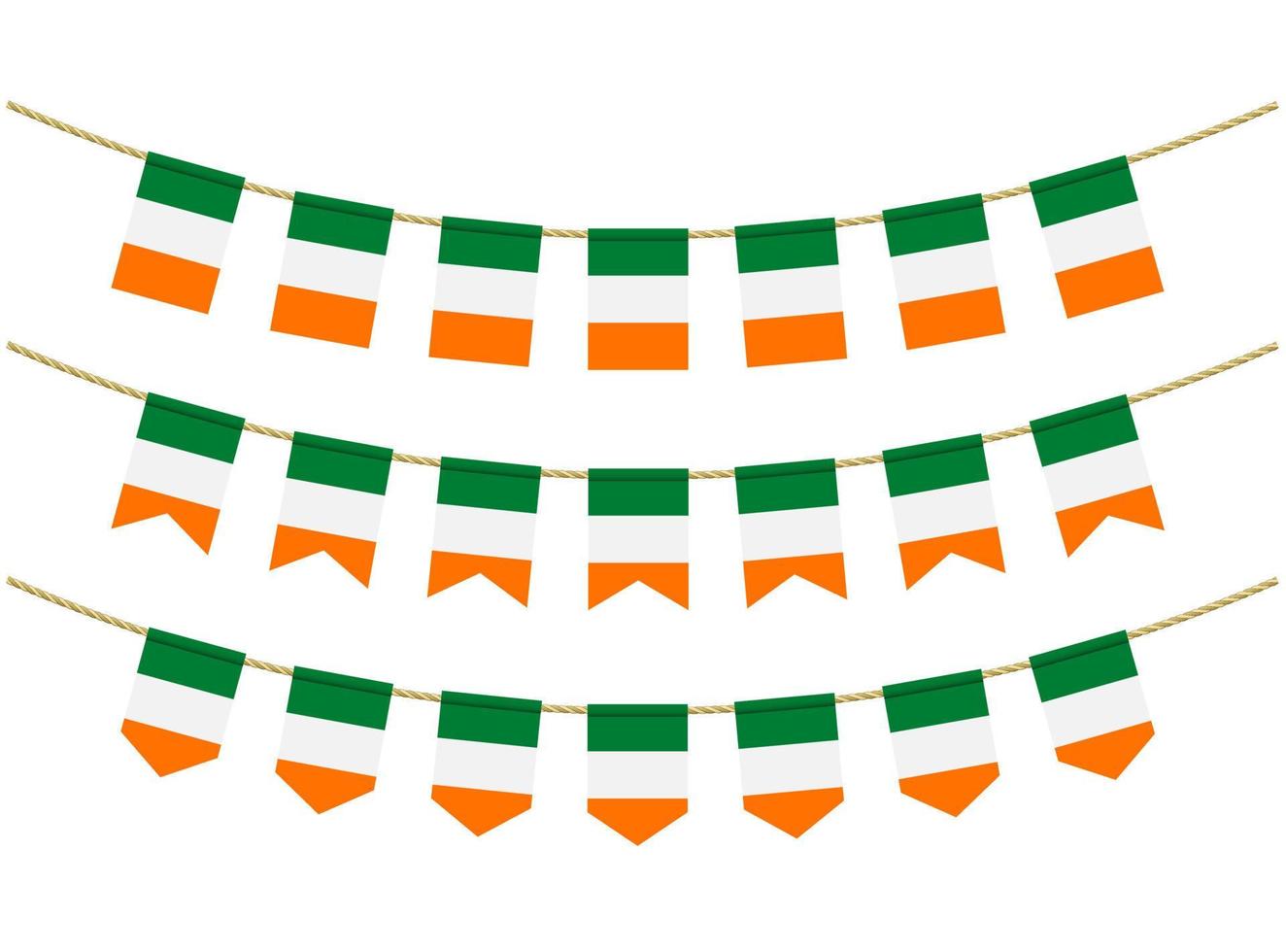 Ireland flag on the ropes on white background. Set of Patriotic bunting flags. Bunting decoration of Ireland flag vector