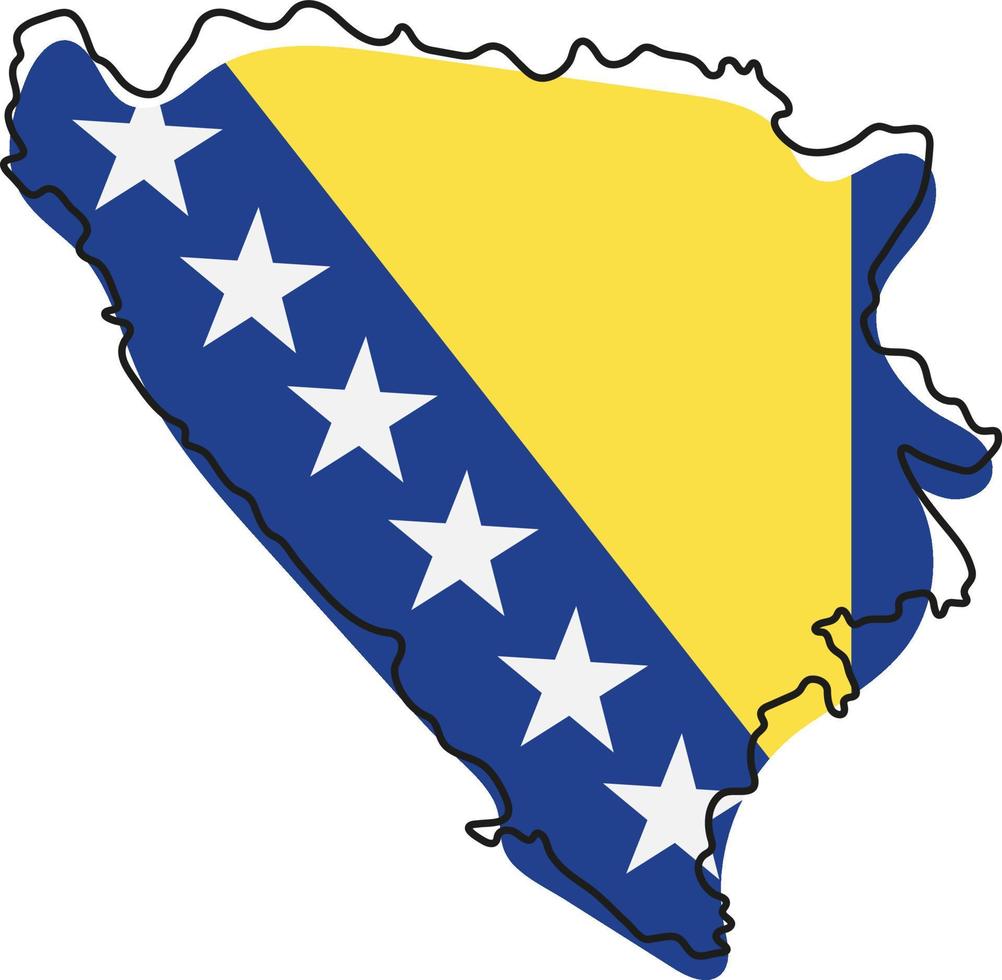 Stylized outline map of Bosnia and Herzegovina with national flag icon. Flag color map of Bosnia and Herzegovina vector illustration.