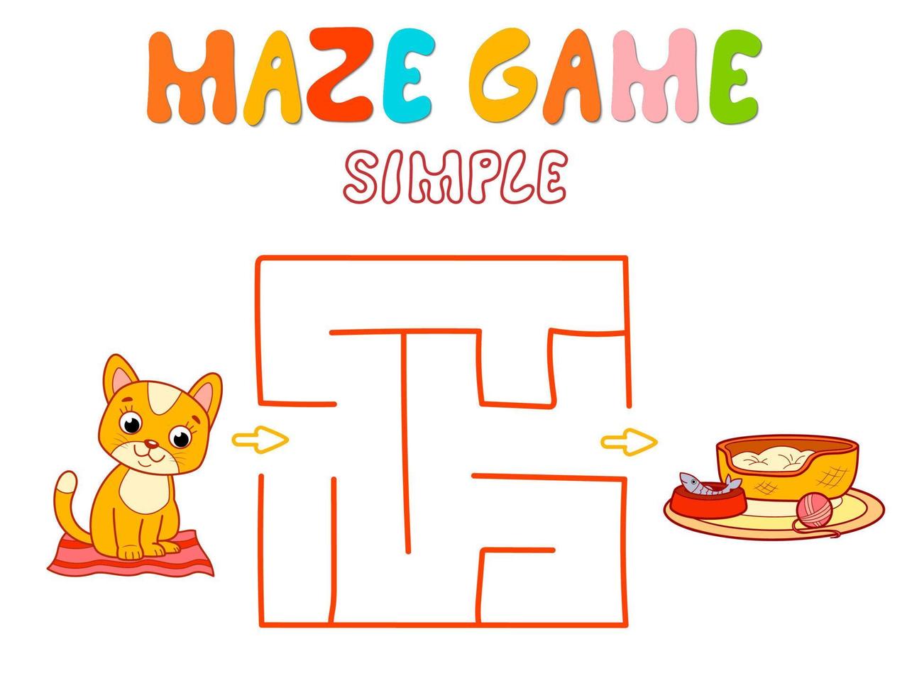 Simple Maze puzzle game for children. Color simple maze or labyrinth game with cat. vector