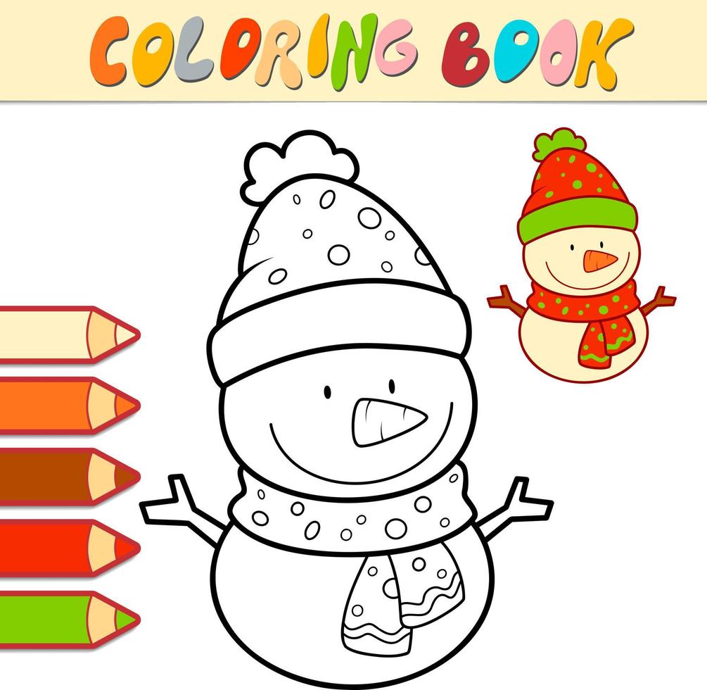 Coloring book or page for kids. Christmas snowman black and white vector illustration