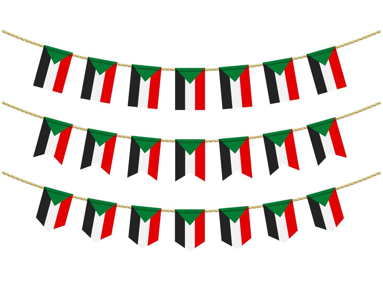 bandera de sudán en las cuerdas sobre fondo blanco. conjunto de banderas patrióticas del empavesado. decoración del empavesado de la bandera de sudán vector