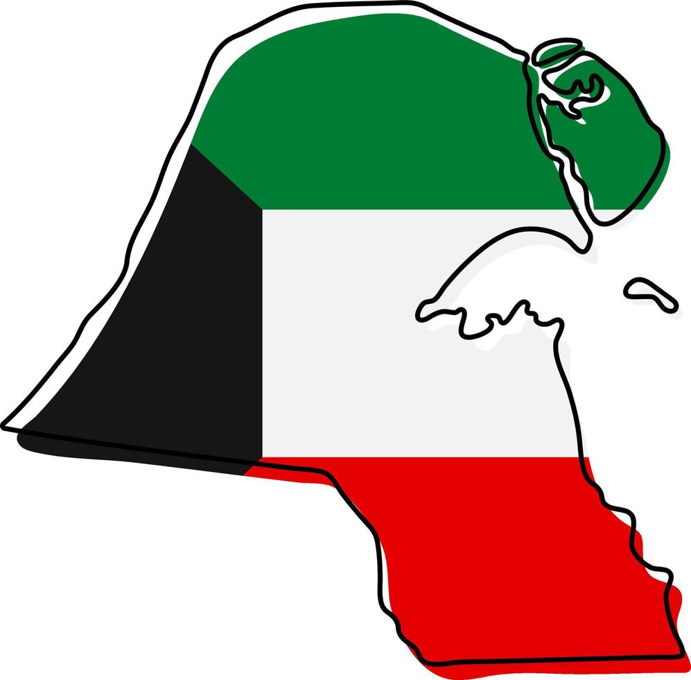 Stylized outline map of Kuwait with national flag icon. Flag color map