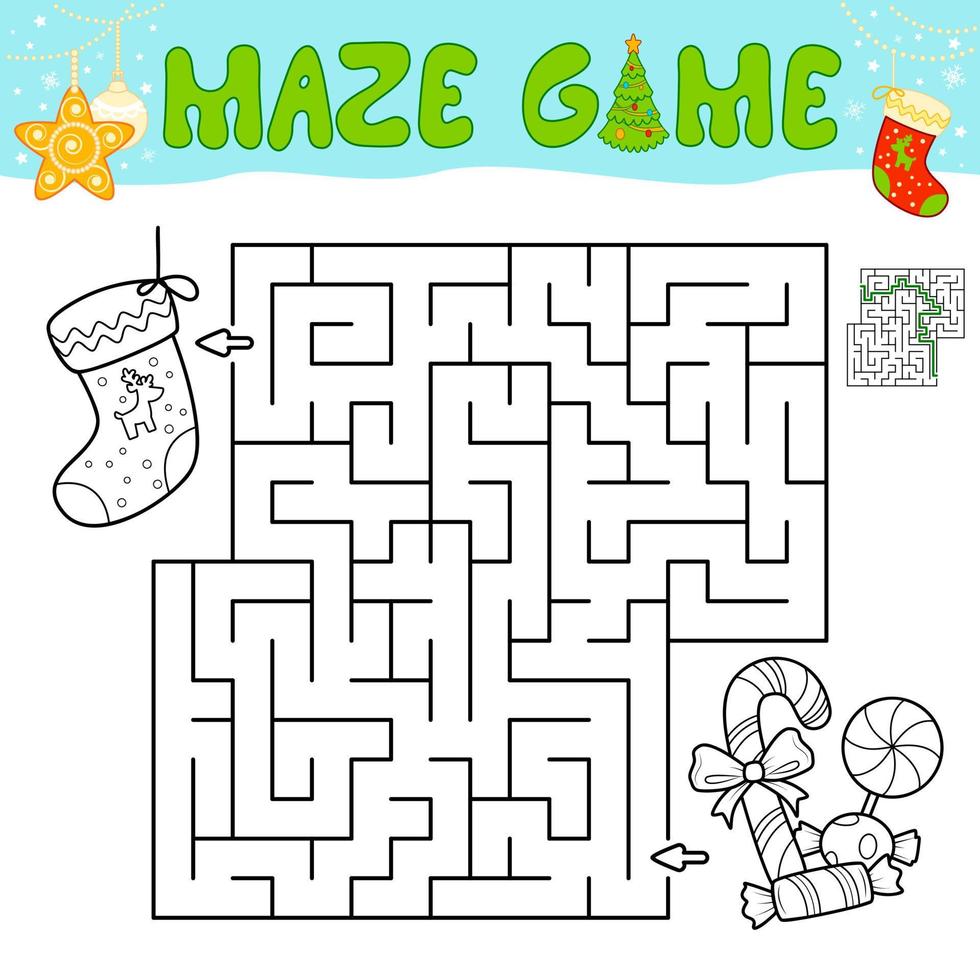 Christmas Maze puzzle game for children. Outline maze or labyrinth game with christmas Sock. vector