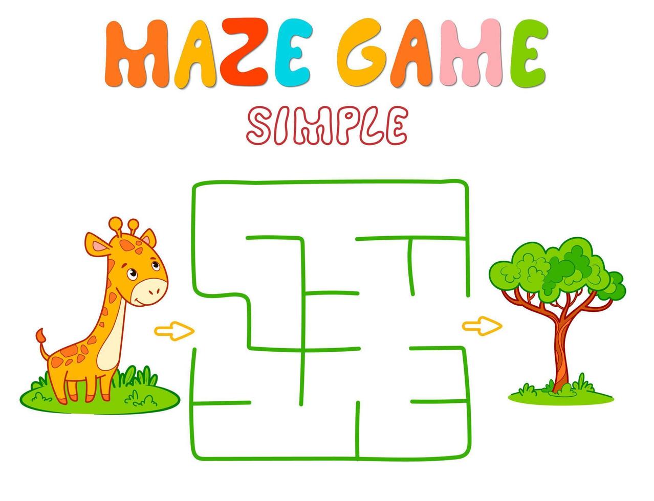 Simple Maze puzzle game for children. Color simple maze or labyrinth game with giraffe. vector