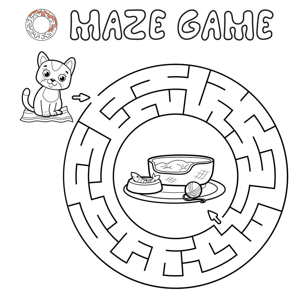 Maze puzzle game for children. Outline circle maze or labyrinth game with cat. vector