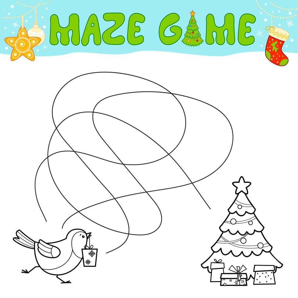 Christmas Maze puzzle game for children. Outline maze or labyrinth. Find path game with christmas Bird. vector