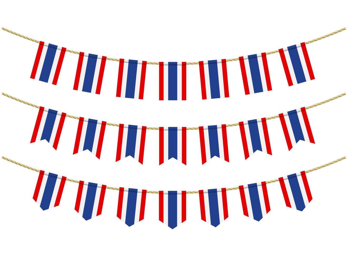 Thailand flag on the ropes on white background. Set of Patriotic bunting flags. Bunting decoration of Thailand flag vector