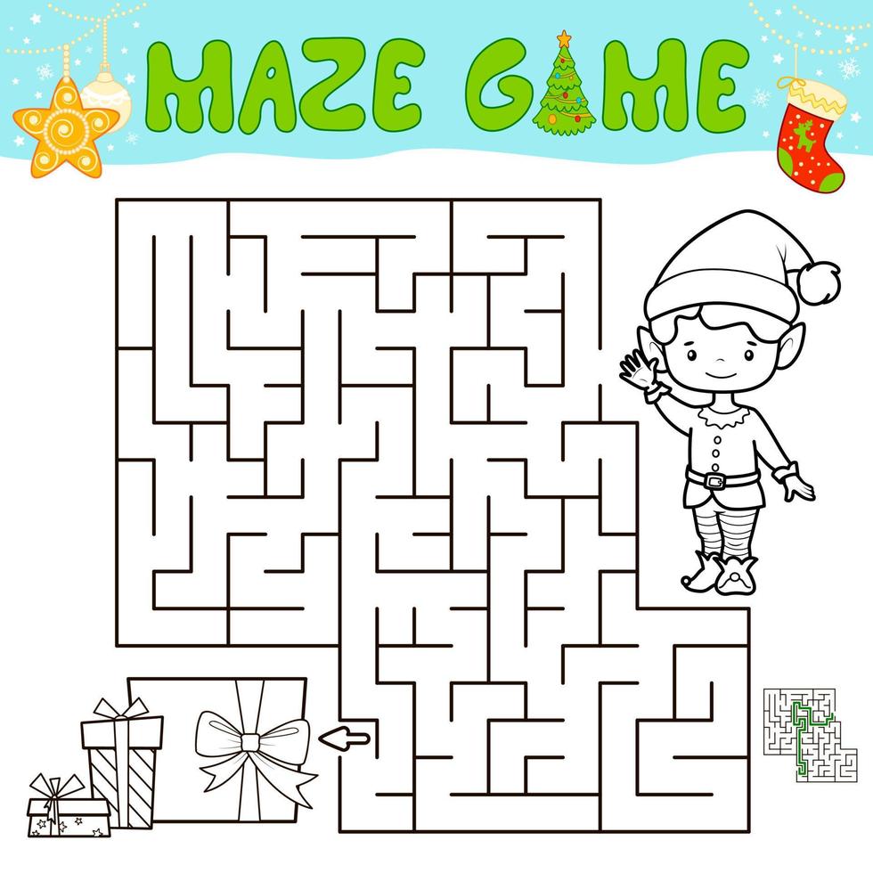 Christmas Maze puzzle game for children. Outline maze or labyrinth game with christmas boy elf. vector