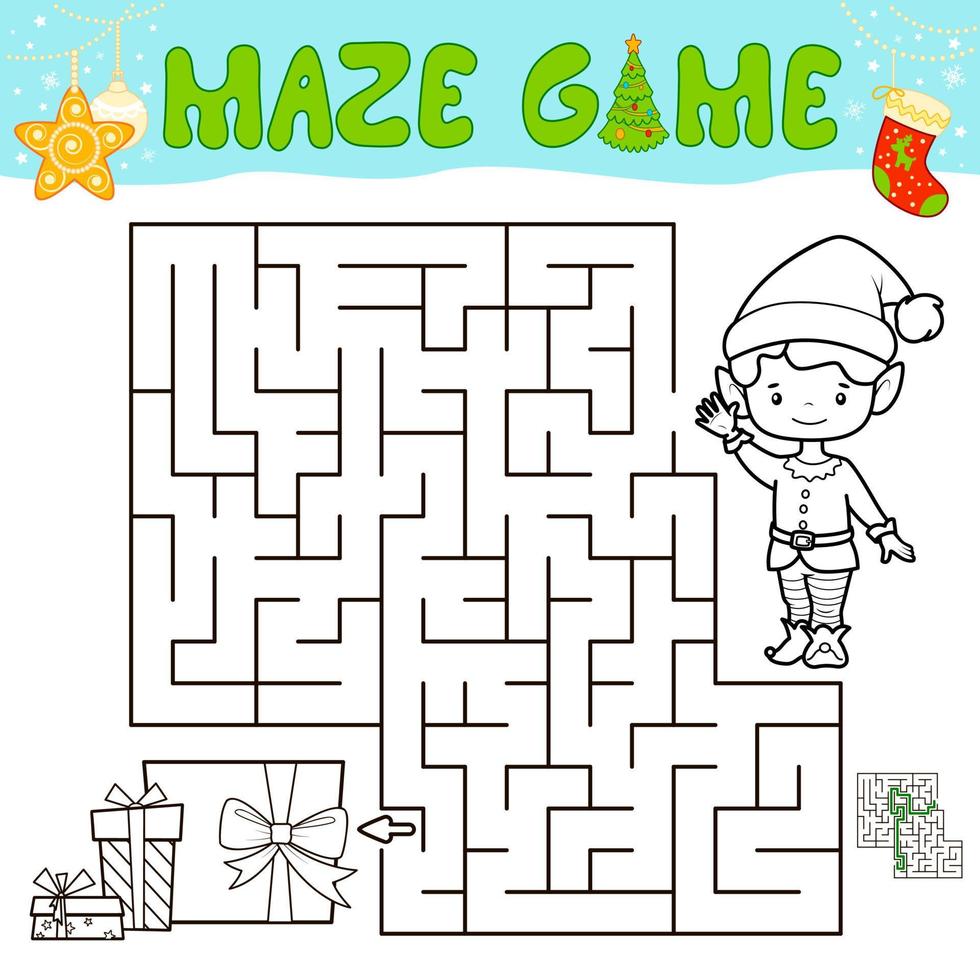 juego de rompecabezas de laberinto navideño para niños. esquema de laberinto o juego de laberinto con duende de navidad. vector