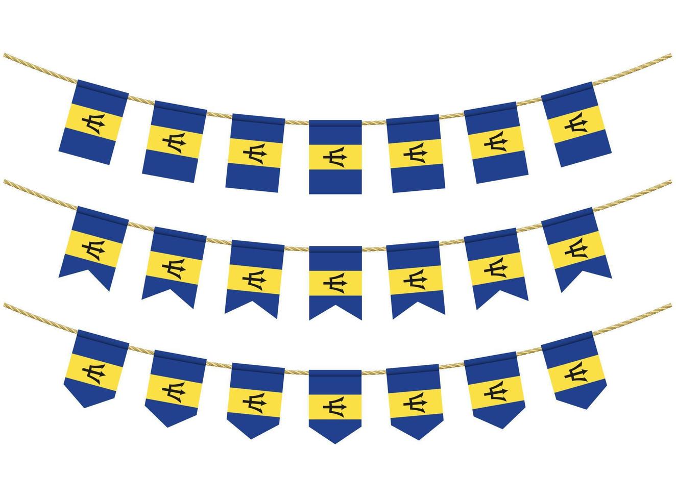 Barbados flag on the ropes on white background. Set of Patriotic bunting flags. Bunting decoration of Barbados flag vector