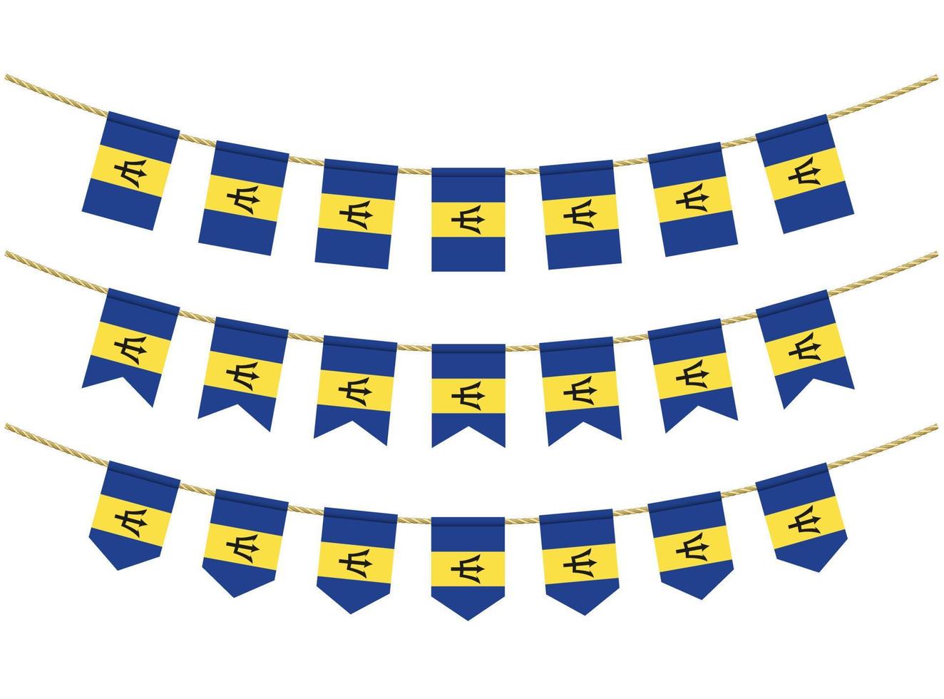 bandera de barbados en las cuerdas sobre fondo blanco. conjunto de banderas patrióticas del empavesado. decoración del empavesado de la bandera de barbados vector