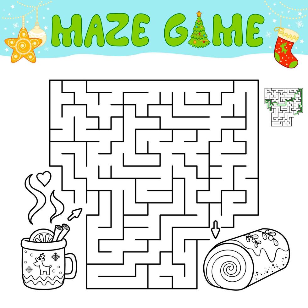 Christmas Maze puzzle game for children. Outline maze or labyrinth game with christmas cake. vector