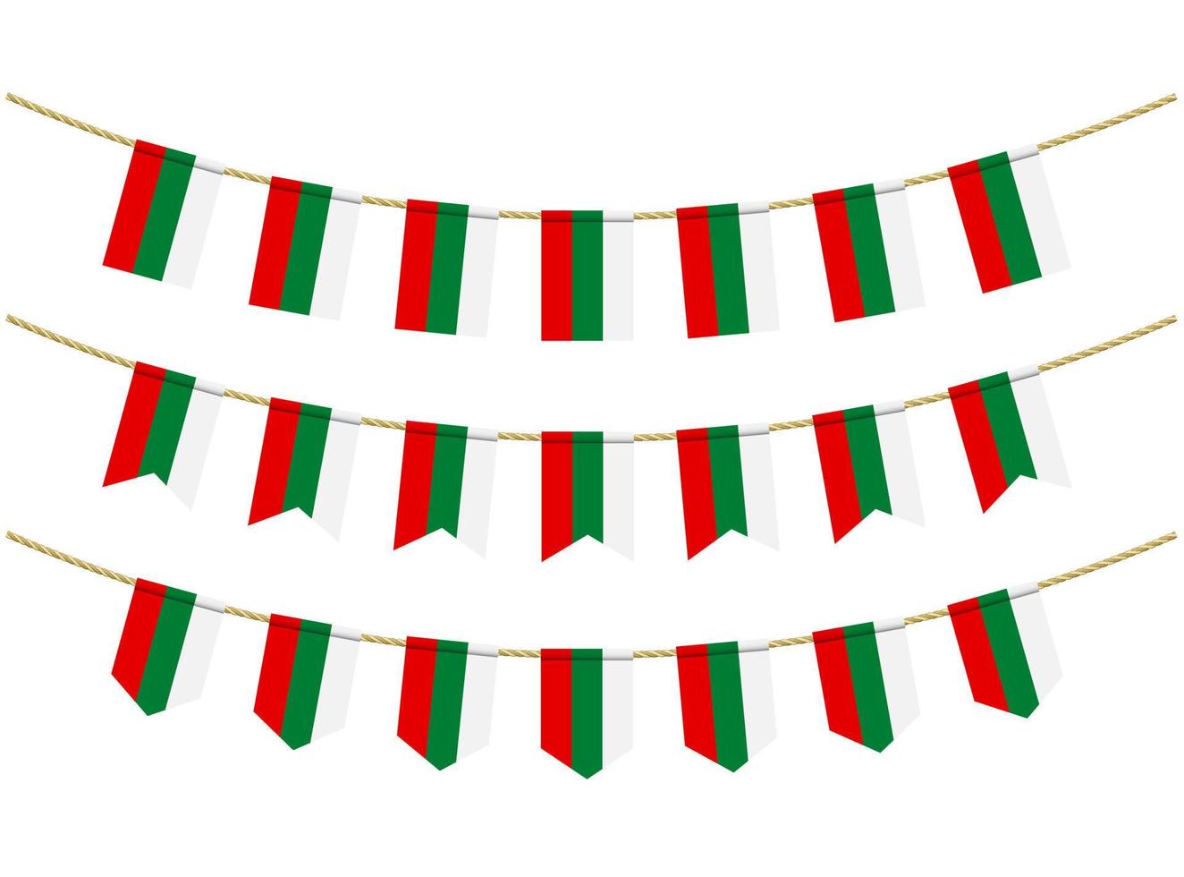 Bulgaria flag on the ropes on white background. Set of Patriotic bunting flags. Bunting decoration of Bulgaria flag vector